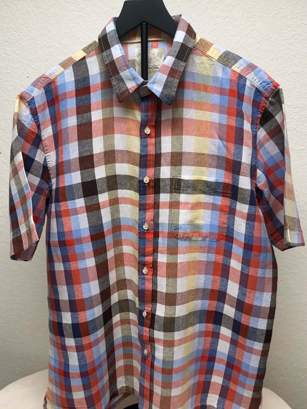 Tasso Elba Short Sleeve Plaid Button-Down Shirt - Red, Blue, Brown, Yellow